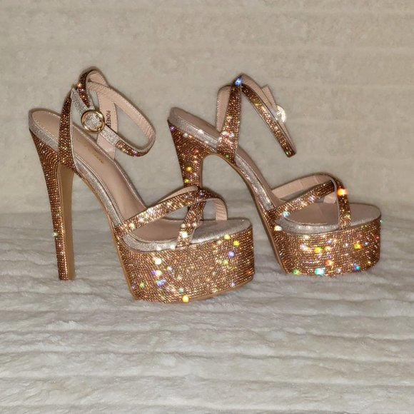 Bejeweled Pandora Rose Gold Sparkling Rhinestone Platform 6.5" Heels… - Picture 1 of 17